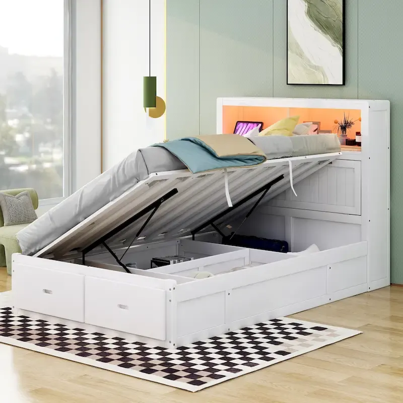 White Full Size Wooden Bed with LED Storage Headboard, Charging Station, and 2 Drawers