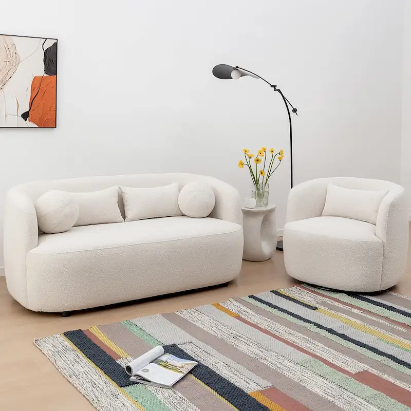 KINWELL 34 Poly Blend Boucle Fabric Upholstered Swivel Armchair