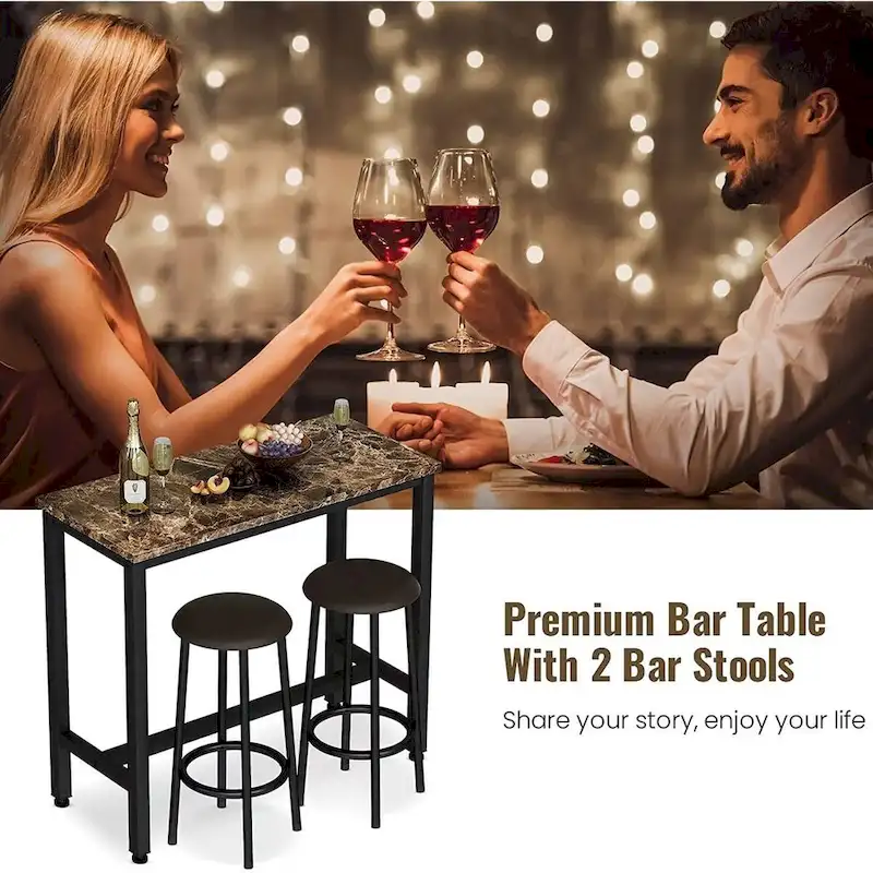 3 Piece Kitchen Pub Dining Set, Modern Faux Marble Counter Height Bistro Bar Table Set with 2 PU Leather Bar Stools
