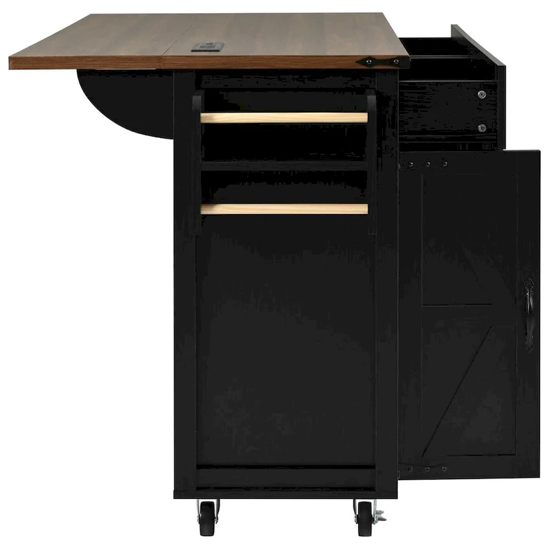 53.5 Farmhouse Kitchen Island Cart with Power Outlet, Drop Leaf, Spice Rack, and 2 Drawers, 5 Wheels