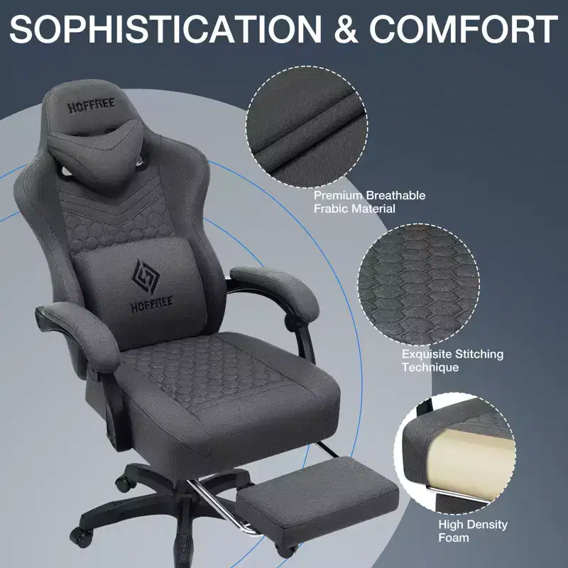Hoffree Breathable Fabric Massage Gaming Chair Ergonomic Office PC Chair with Footrest & Adjustable