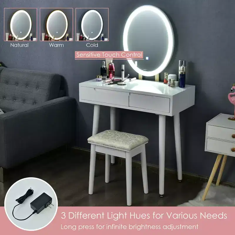 Costway Vanity Makeup Table Touch Screen 3 Lighting Modes Dressing Table Stool Set White\Black\ Gray