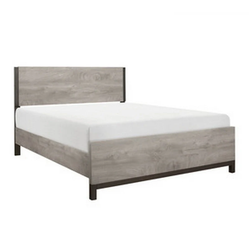 Queen Bed, Painted Metal Finished Accents, Light Gray Wood Frame