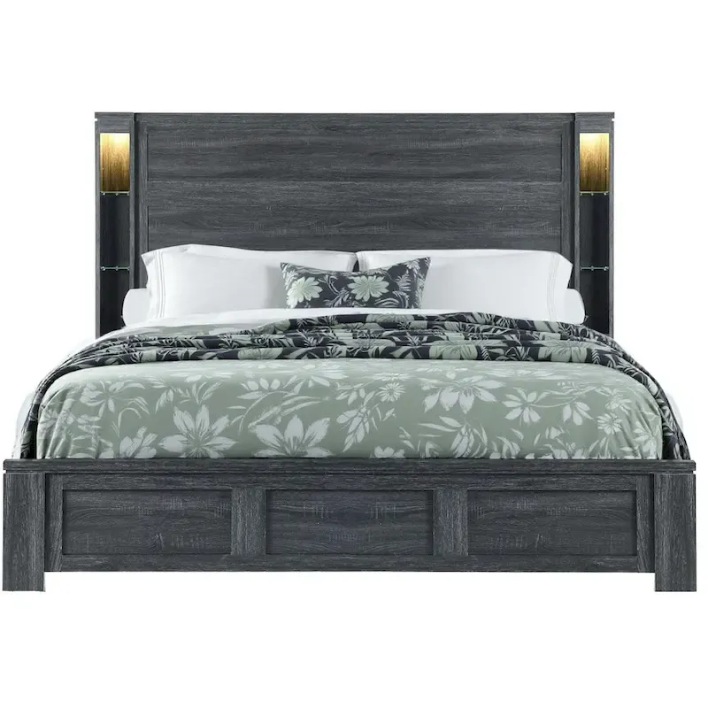 HomeRoots Dark Gray Distressed Wood Lighted King Bed Frame