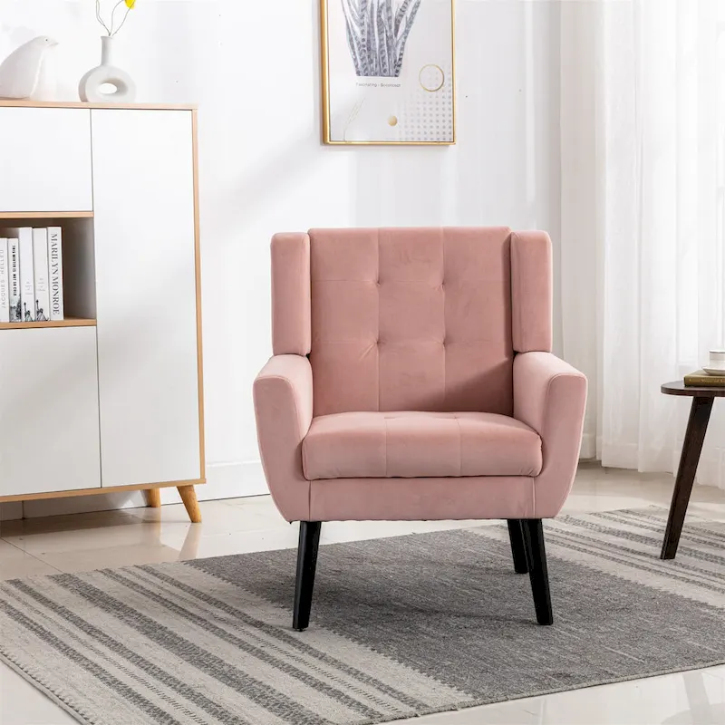 Pink Velvet Modern 29.5 Tufted Accent Chair with Wood Legs