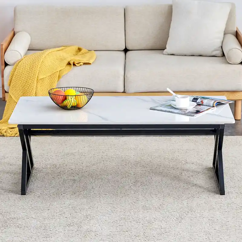 47 Modern Rectangular Coffee Table with Sintered Stone Tabletop and X-shaped Metal Legs
