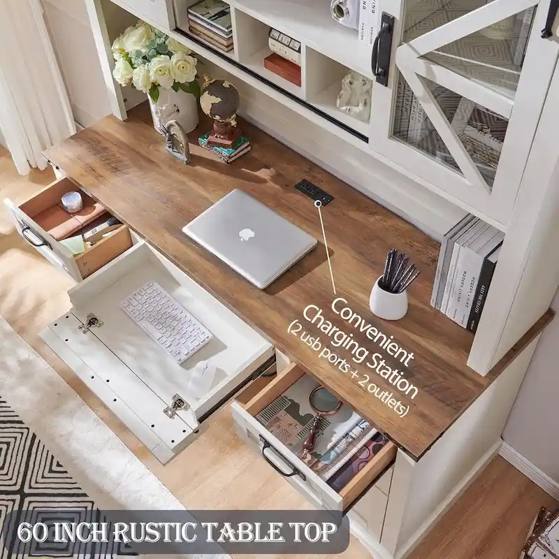 Farmhouse Desk, Wood Home Office Executive Desk with Charging Station