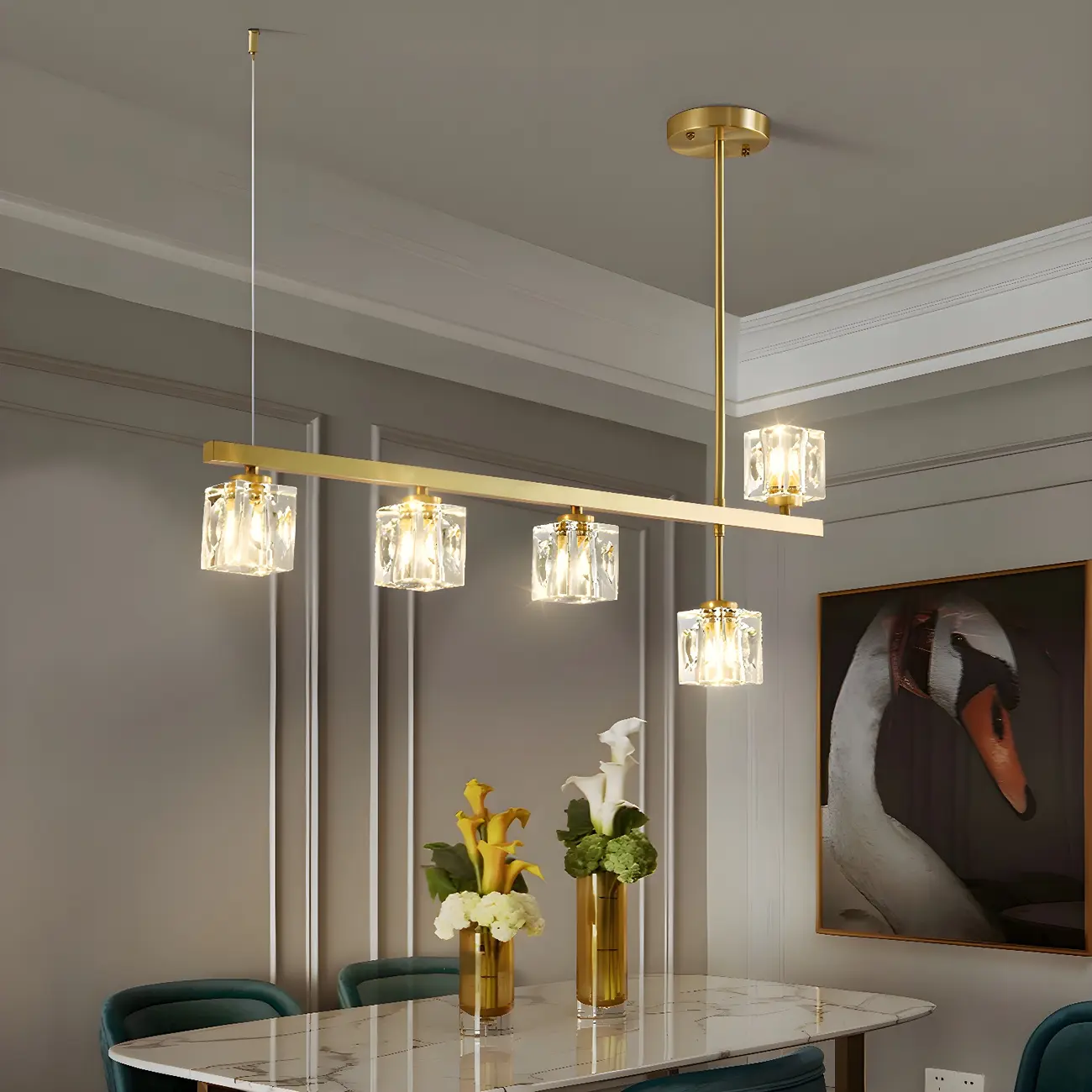 Geometric Gold Crystal Linear Island Pendant Light