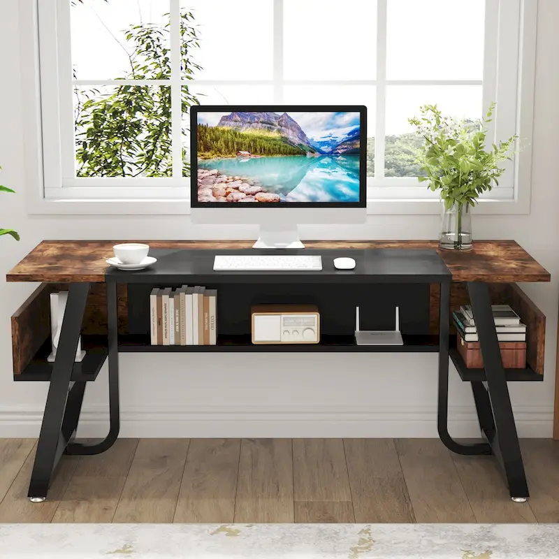 63 Inches Computer Desk with Bottom Shelves, Large Executive Desk