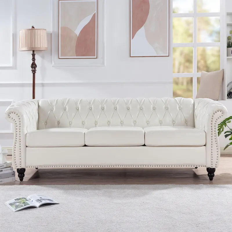 White 84.65 Chesterfield PU Leather 3-Seater Sofa with Button Tufted Backrest