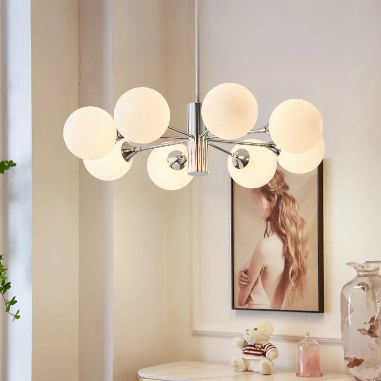 Modern Silver Sputnik Chandelier with White Globe Glass