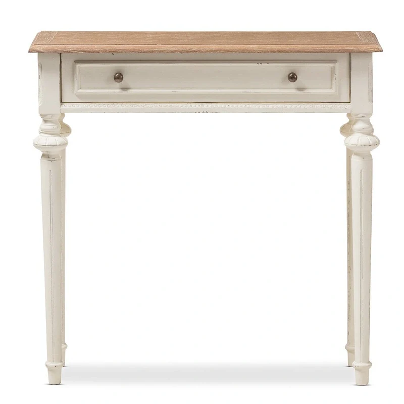 French Provincial Style Console Table in Weathered Oak and White Wash Distressed Wood Finish