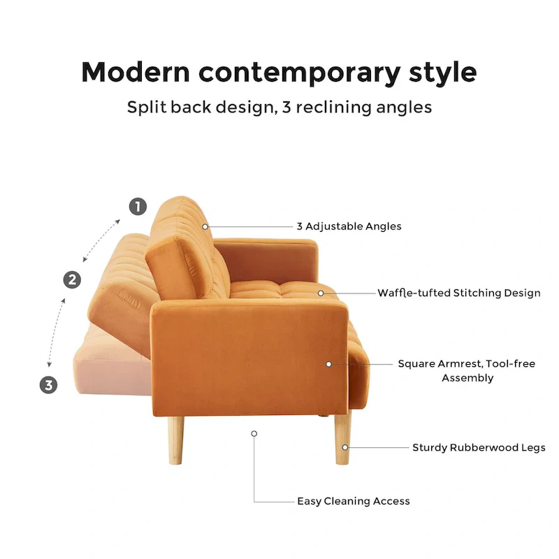 Velvet Convertible Sofa Bed - 3-Position Futon