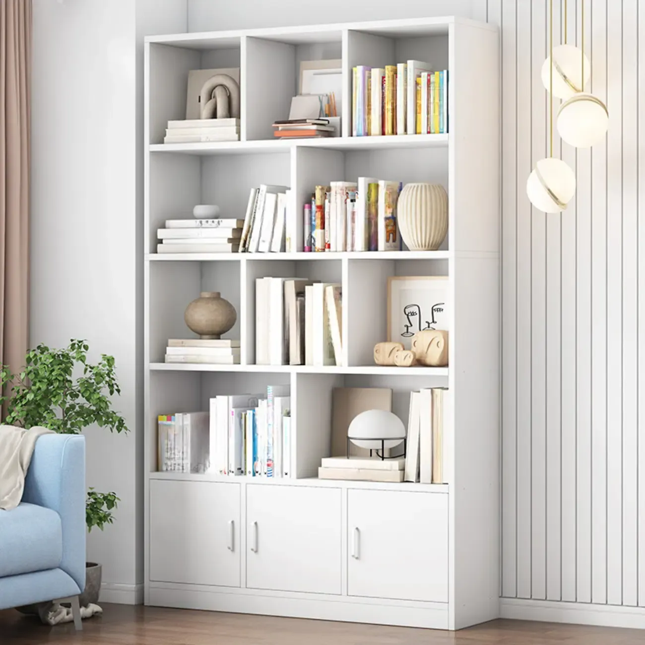 Durable 5-Tier Wooden Bookshelf with Cabinet for Home