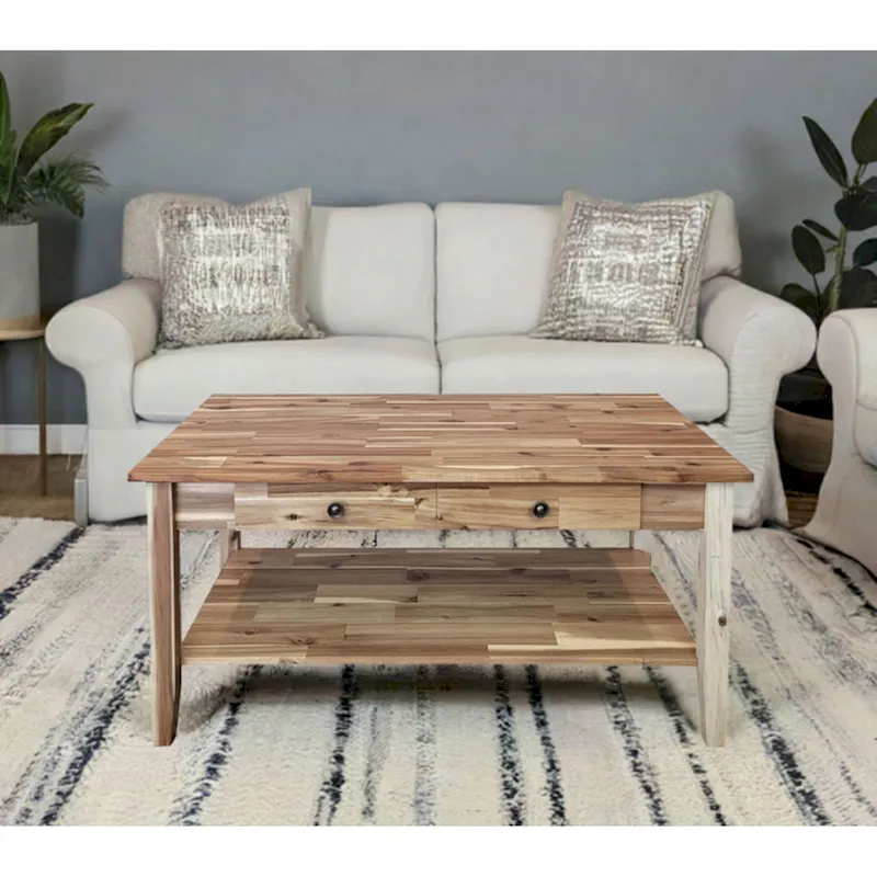Solid Acacia Coffee Table with Drawer & Bottom Shelf
