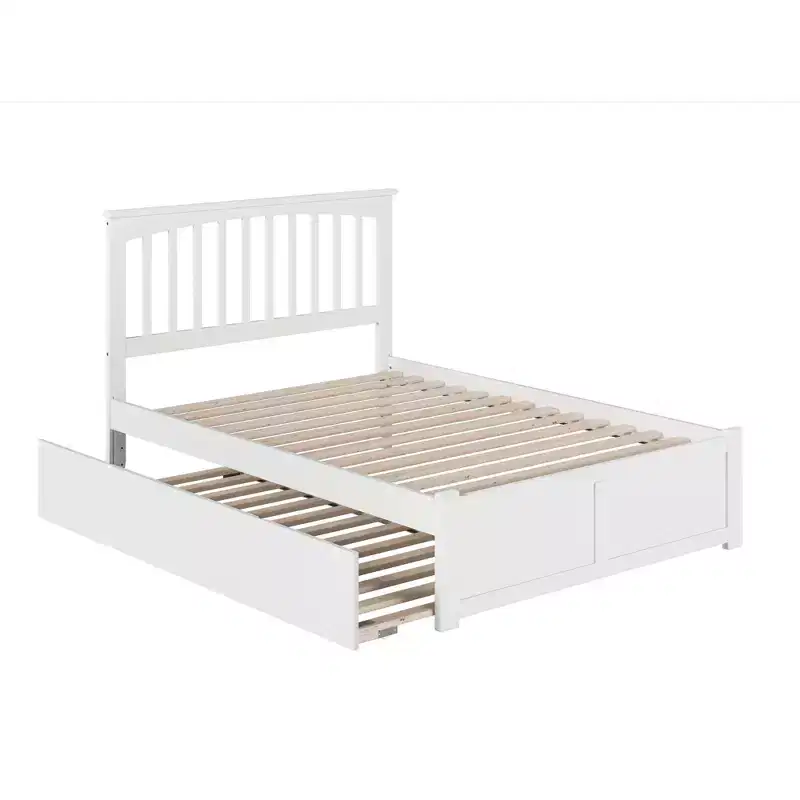 White Full Size Mission Style Slatted Platform Bed Frame with Trundle