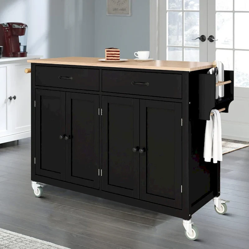 Classic Wooden Kitchen Island Cart with 2 Drawers, 2 Cabinets, a Towel Rack and a Spice Rack