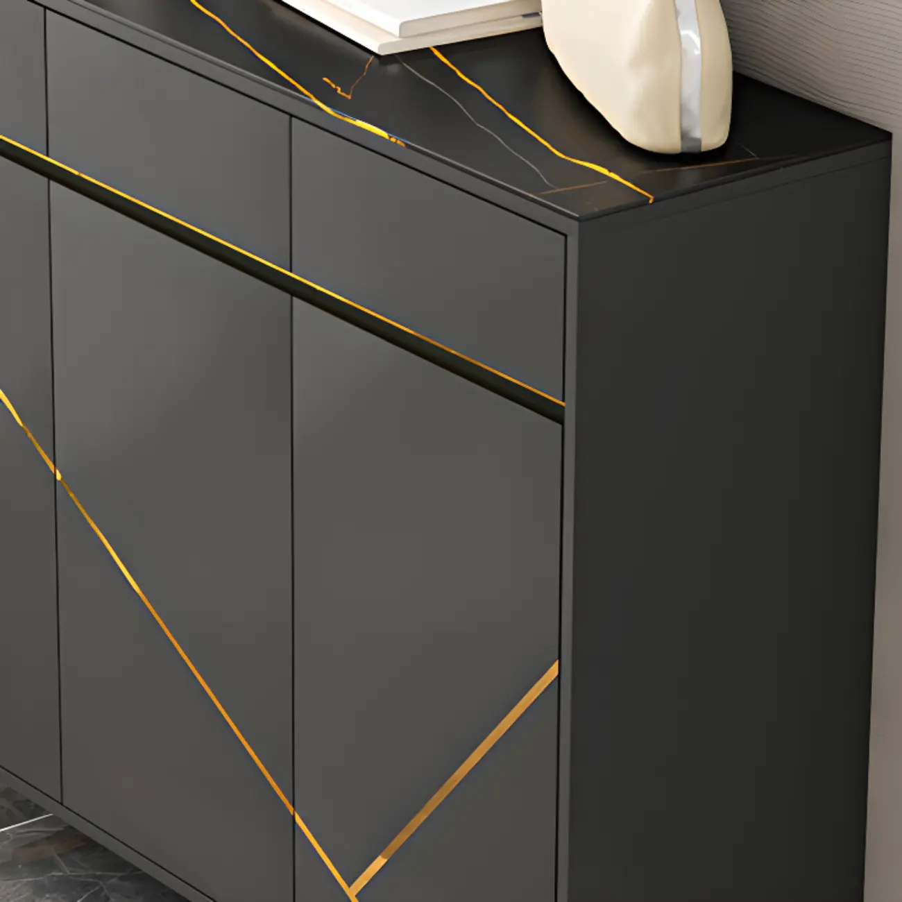 Trendy Gray Wood Shoe Cabinet with Drawers & Display Top