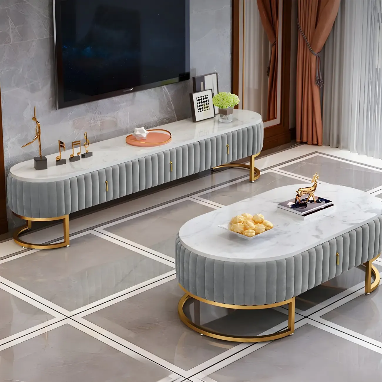 Nordic Grey Marble Pleated Front TV Stand with Gold Base