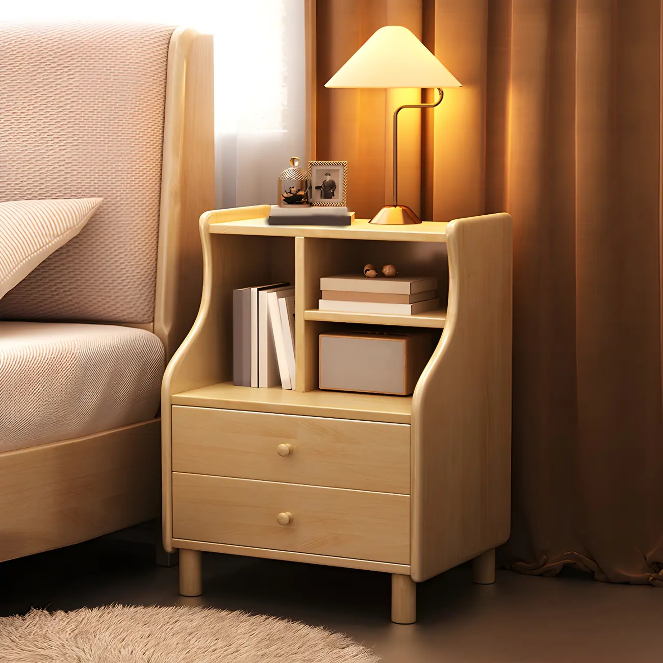 Narrow Versatile 2 Drawers Solid Wood White Nightstand