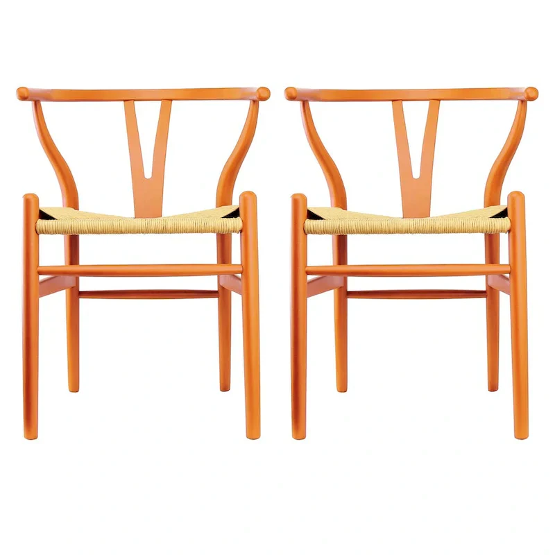 Set of 2 Wood Dining Chairs with Woven Rope Seat