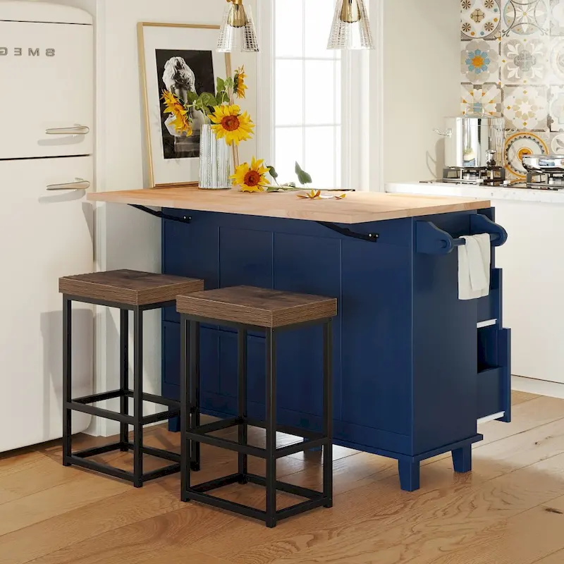 Farmhouse Kitchen Island Set with Drop Leaf Top and 2 Seatings