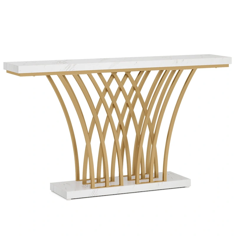 59 Inches Console Table,Gold and White Faux Marble Entryway Table