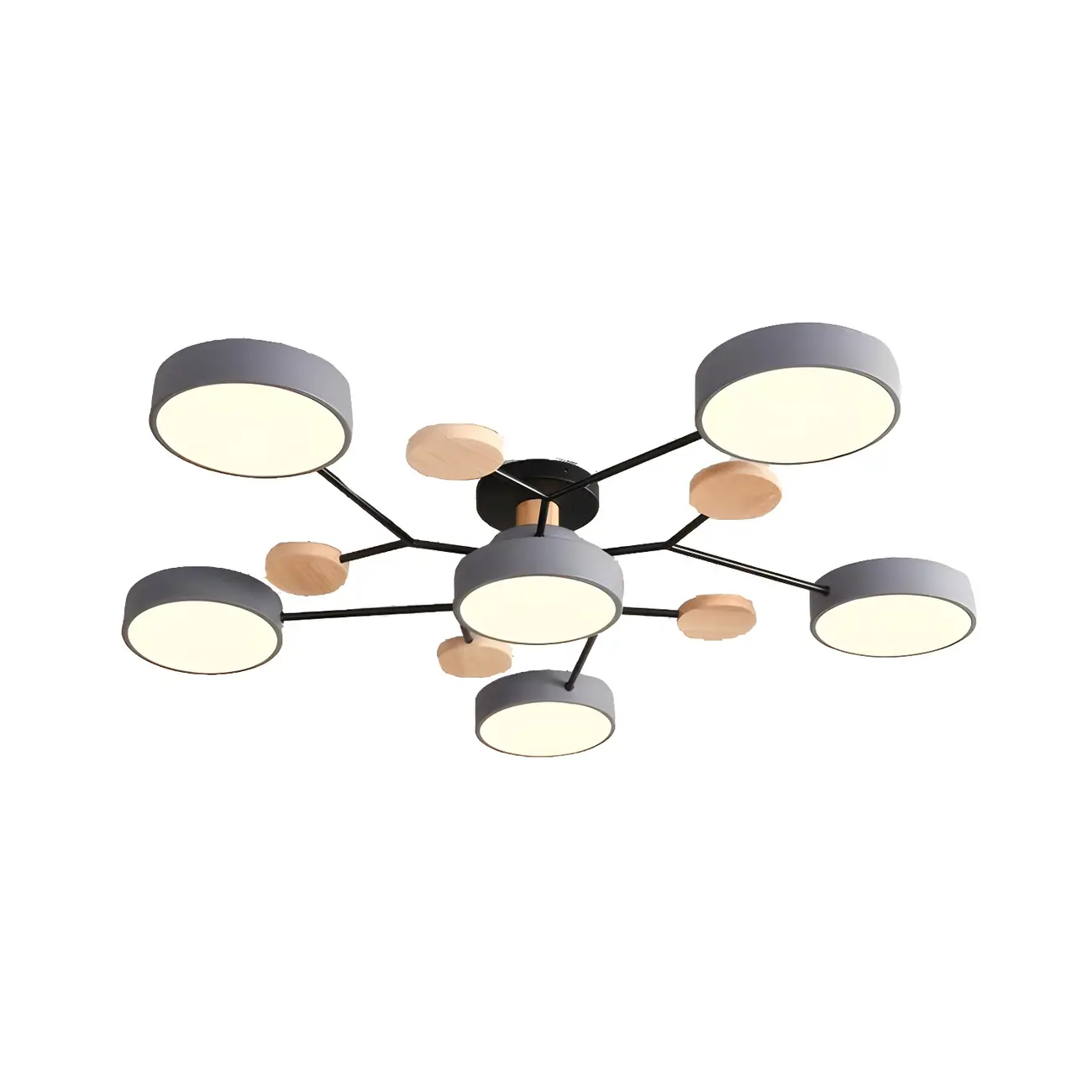 Large Gray Round Metal Semi-Flush Ceiling Light, 7-Light