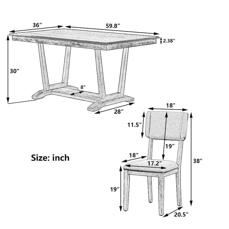 Rustic 5-Piece Dining Set - Solid Wood Table with Trestle Base, 59-inch Rectangular Dining Table and 4 Upholstered Chairs