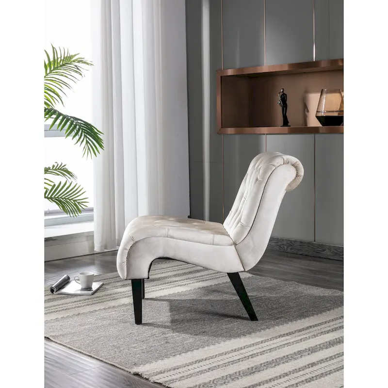 Beige Velvet Accent Chair with Button Tufting and Wooden Legs