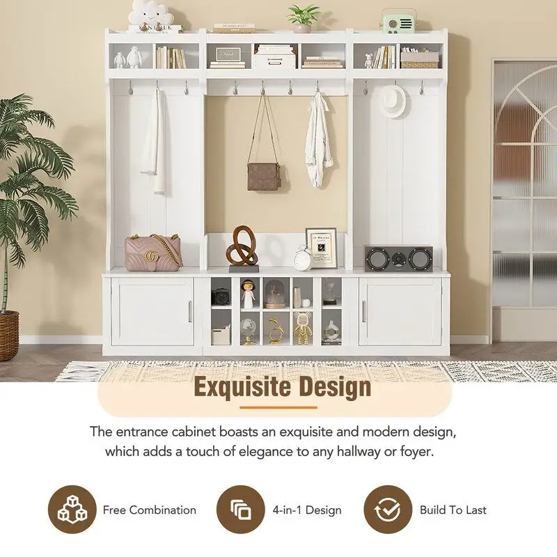 4-IN-1 Multi-functional Hall Tree Entryway Bench with Coat Rack and Shoe Cubbies