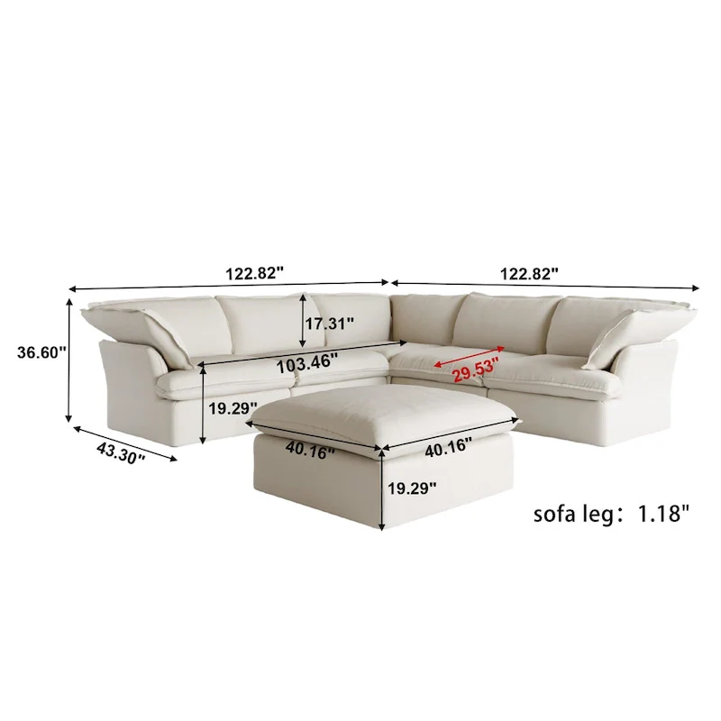 L-shape Linen Sofa Modern Upholstered Sectional Sofa with Ottoman