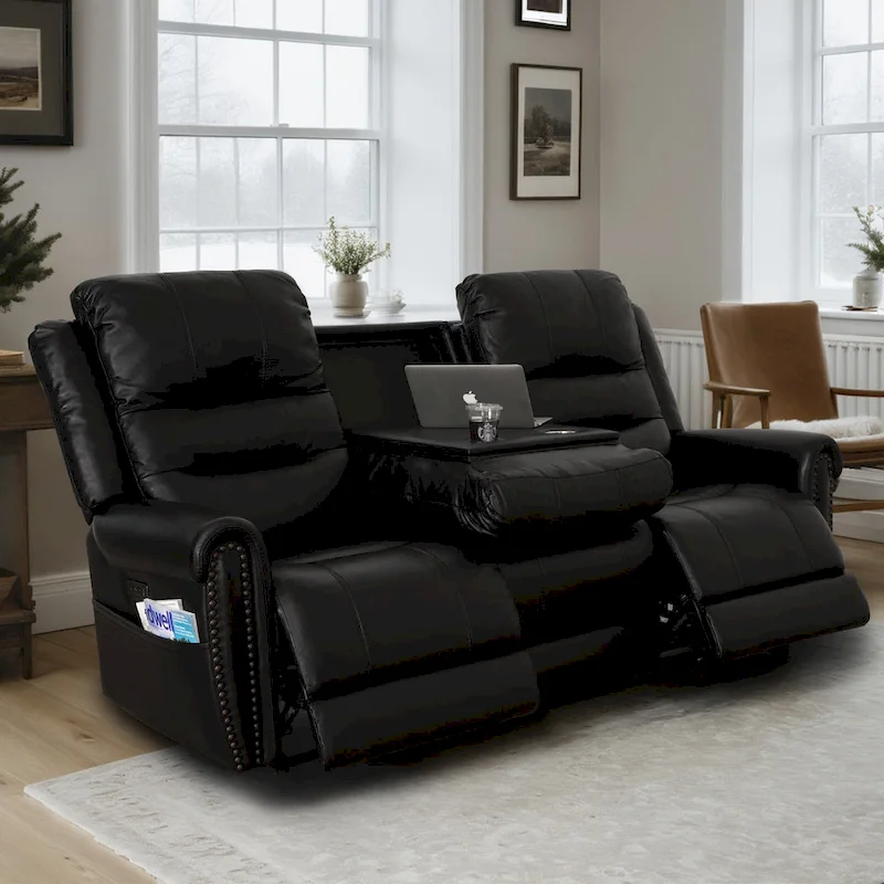 Genuine Leather Black Power Recliner Sofa, Loveseat, Recliner With Adjustable Headrest and Extendable Footrest