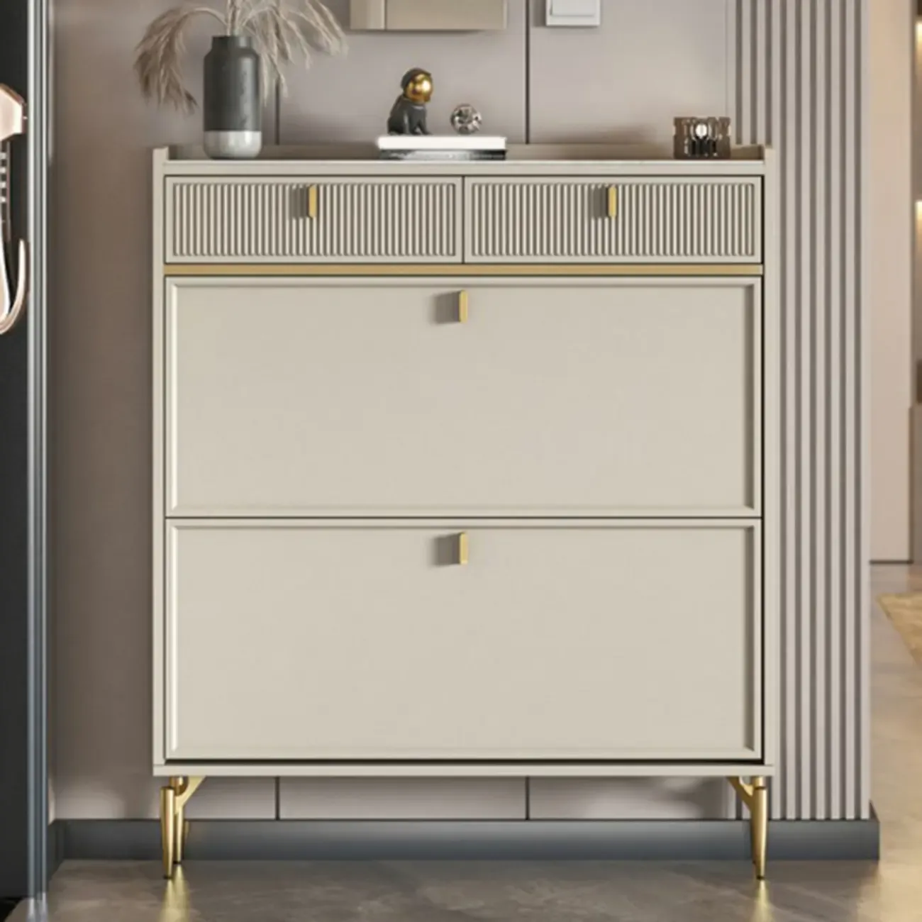 Entryway Off-White Wood Shoe Storage with 2-Drawer