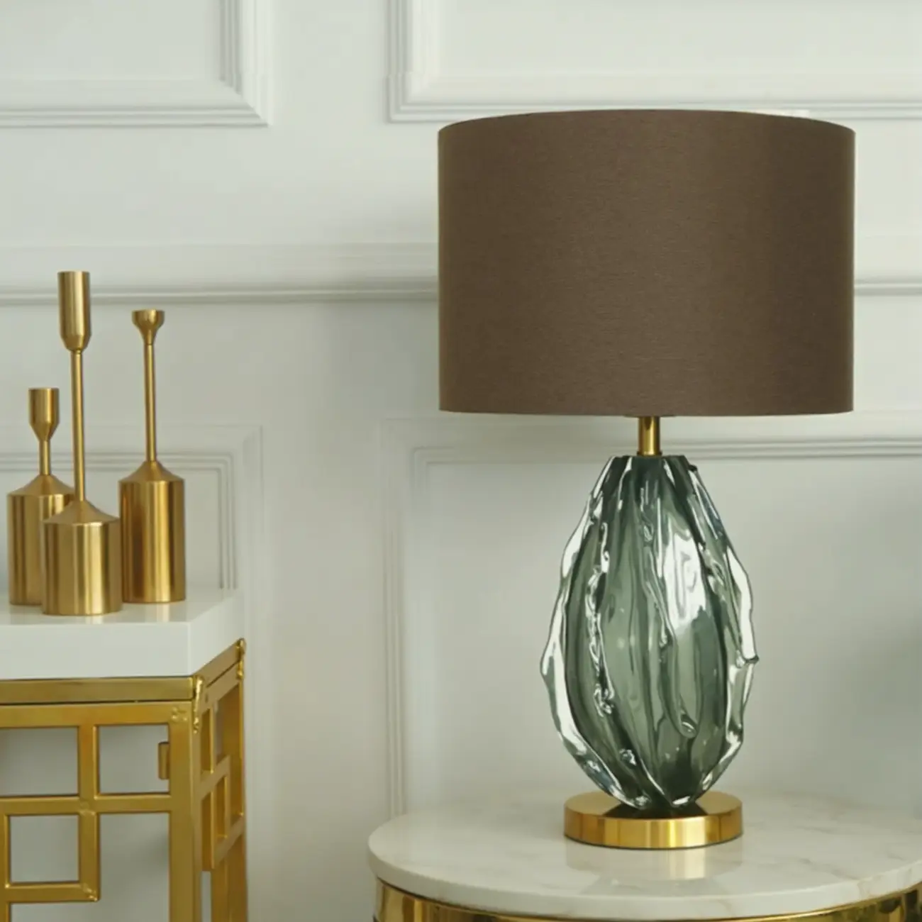 Modern Green Glass Table Lamp with Fabric Shape