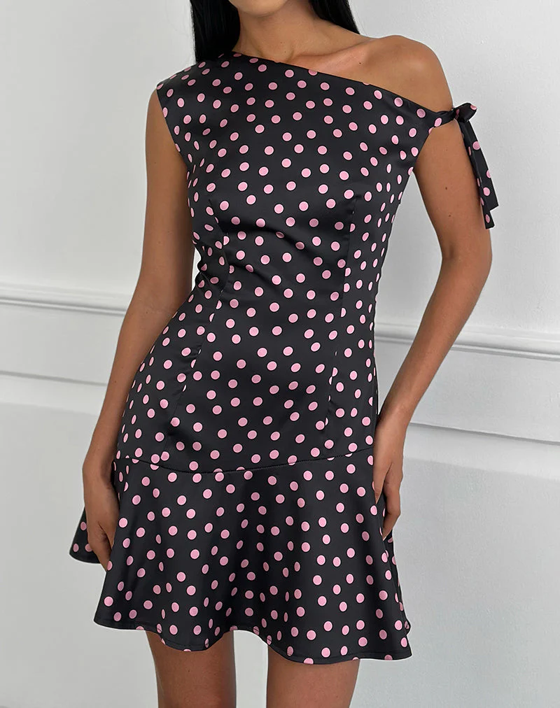 Maribel Mini Dress in Black Satin Scattered with Pink Polka