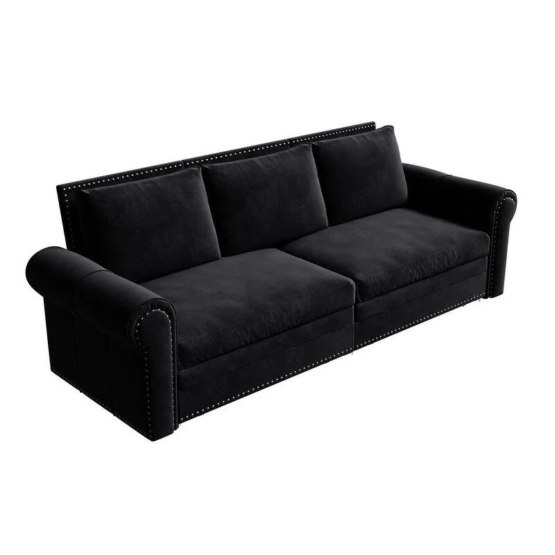 3-in-1 King Pull Out Sofa Bed Chesterfield Sofa, Velvet/Faux Leather Convertible Sleeper Sofa with Nailhead Trim & Rolled Arm