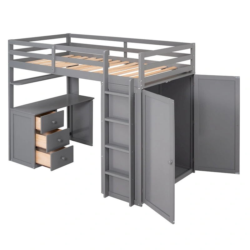 Multi-Functional Twin/Full Loft Bed with Drawers, Desk, and Wardrobe