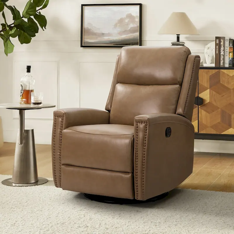 Fiacro 30.31Wide Modern Genuine Leather Wingback Swivel Rocker Recliner with Nailhead Trims