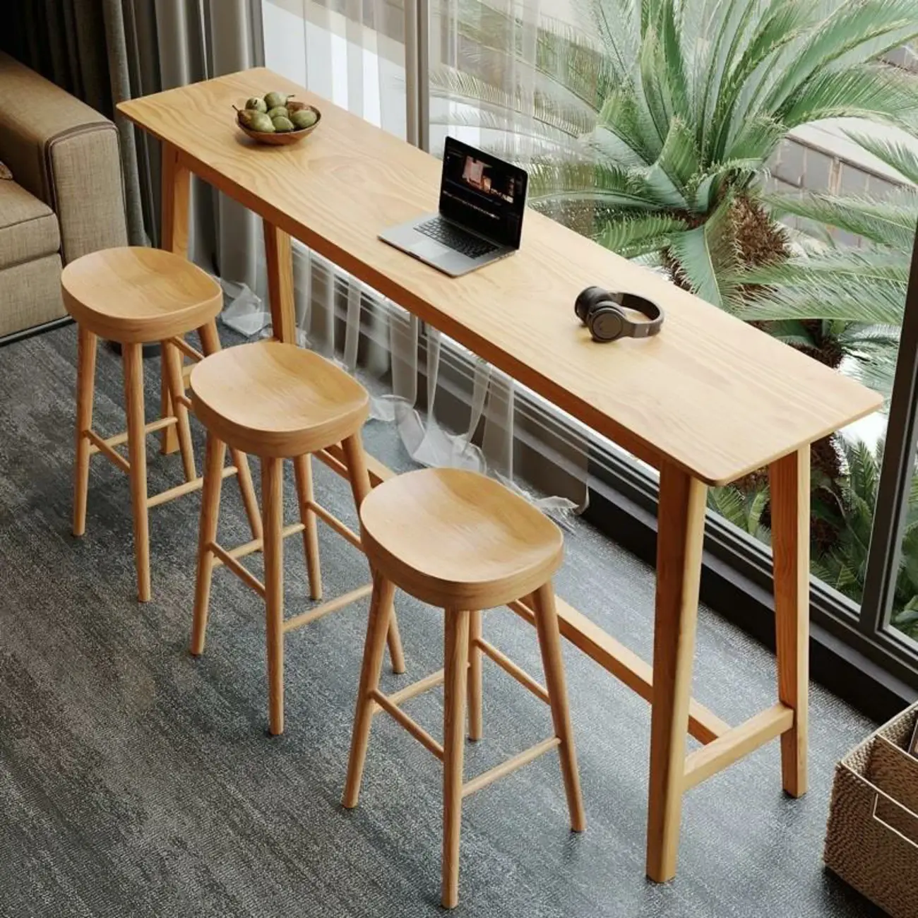 Natural Finish Wooden Bar Set with Table and Stools