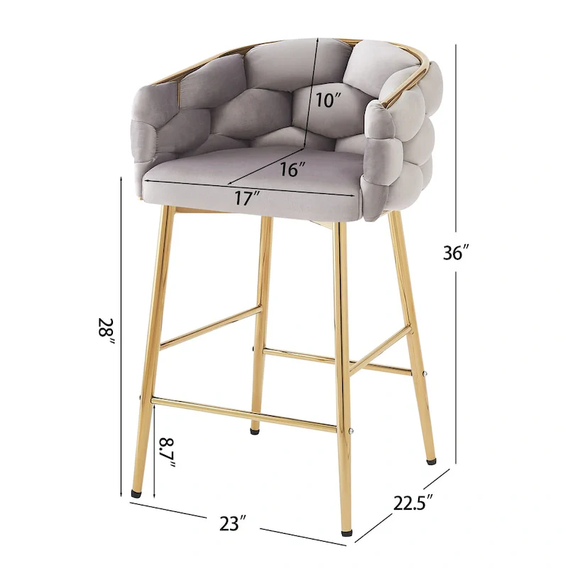 Set of 2 Bar Stools with Velvet Padded Seat and Metal Legs