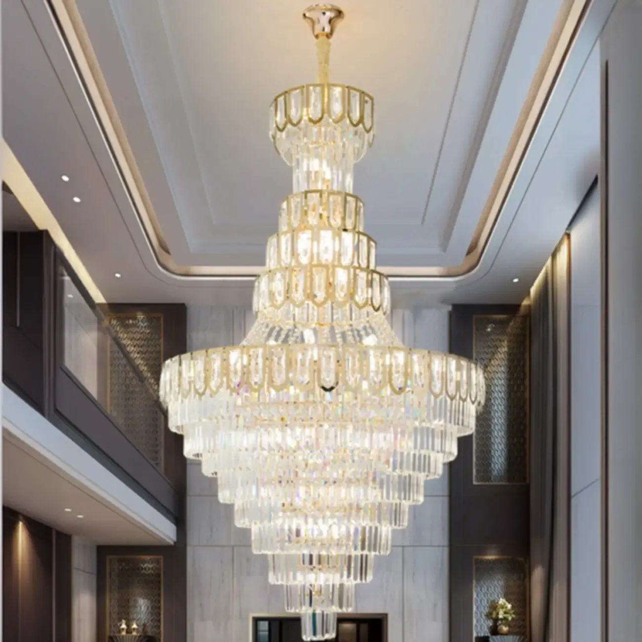 Luxury Adjustable Gold Tiered Crystal High Ceiling Chandelier