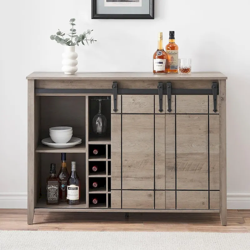 Farmhouse 47 Wine Bar Cabinet Buffet Sideboard Cabinet with 16 Bottle Wine Rack - 15.7D x 47.2W x 34.61H