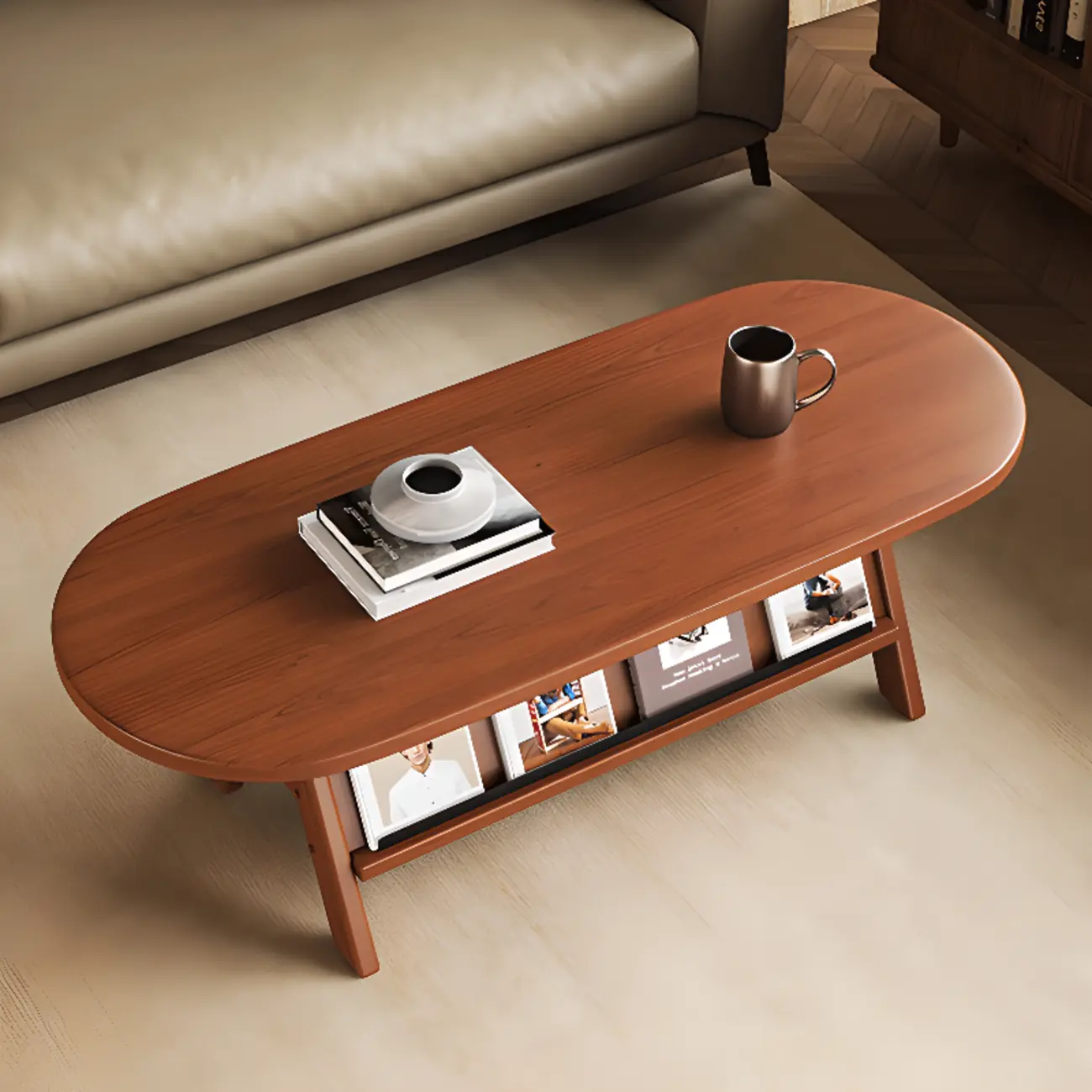 Classic Wooden Oval Coffee Table with Tilt Shelf