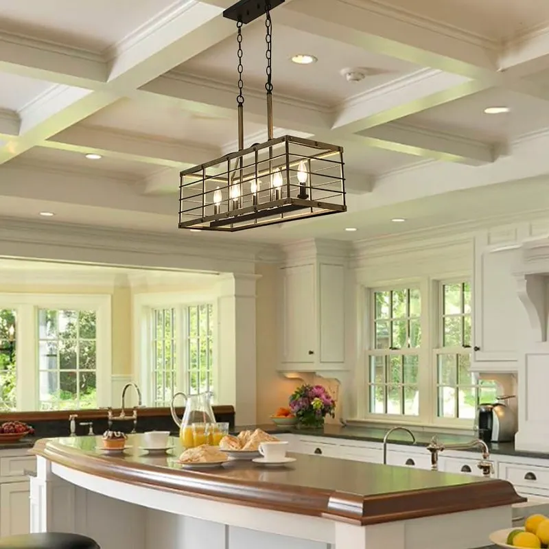 Farmhouse 5-Light Wood Grain Chandelier Kitchen Island Lights - L26 XW10.2 XH19.7