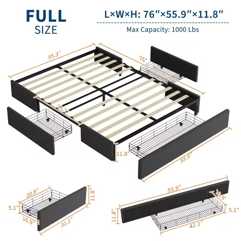 COZONY Bed Frame with 3 Storage Drawers, Fabric Upholstered Platform Bed with Wooden Slats, No Box Spring Needed, Easy Assembly, Grey