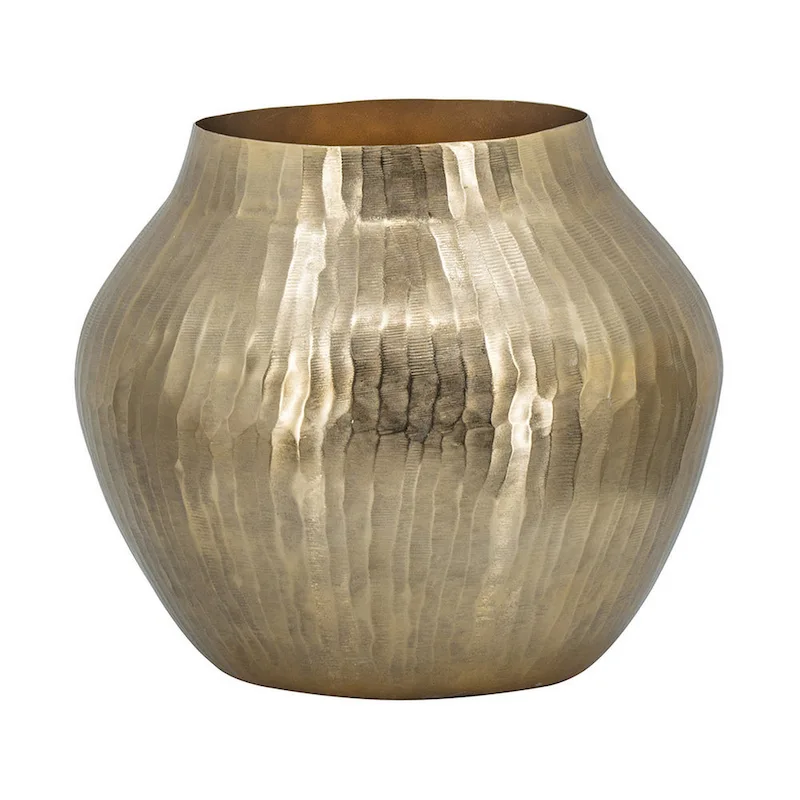 Kria 13 Inch Modern Vase, Curved Shape, Hammered Texture Gold Metal Finish
