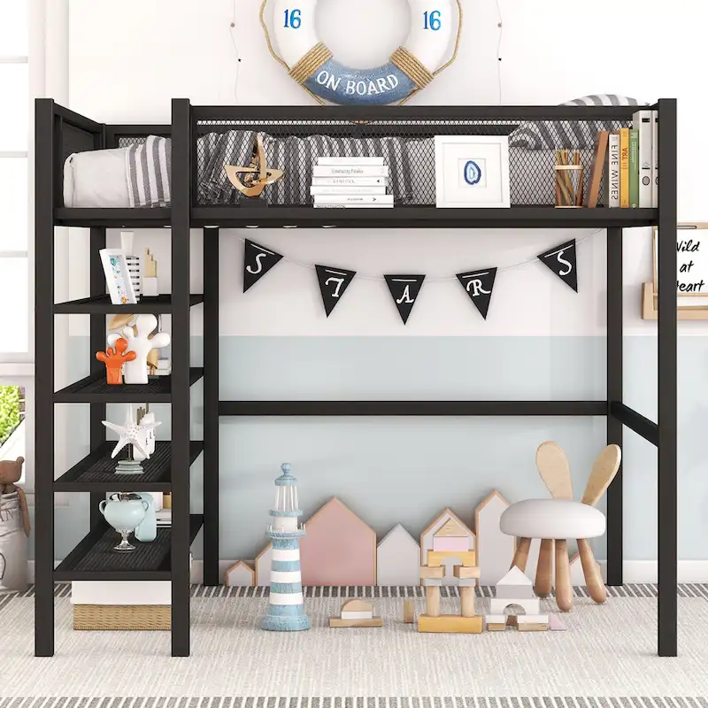 Full Size Metal Loft Bed with 4-Tier Shelves and Storage, Black