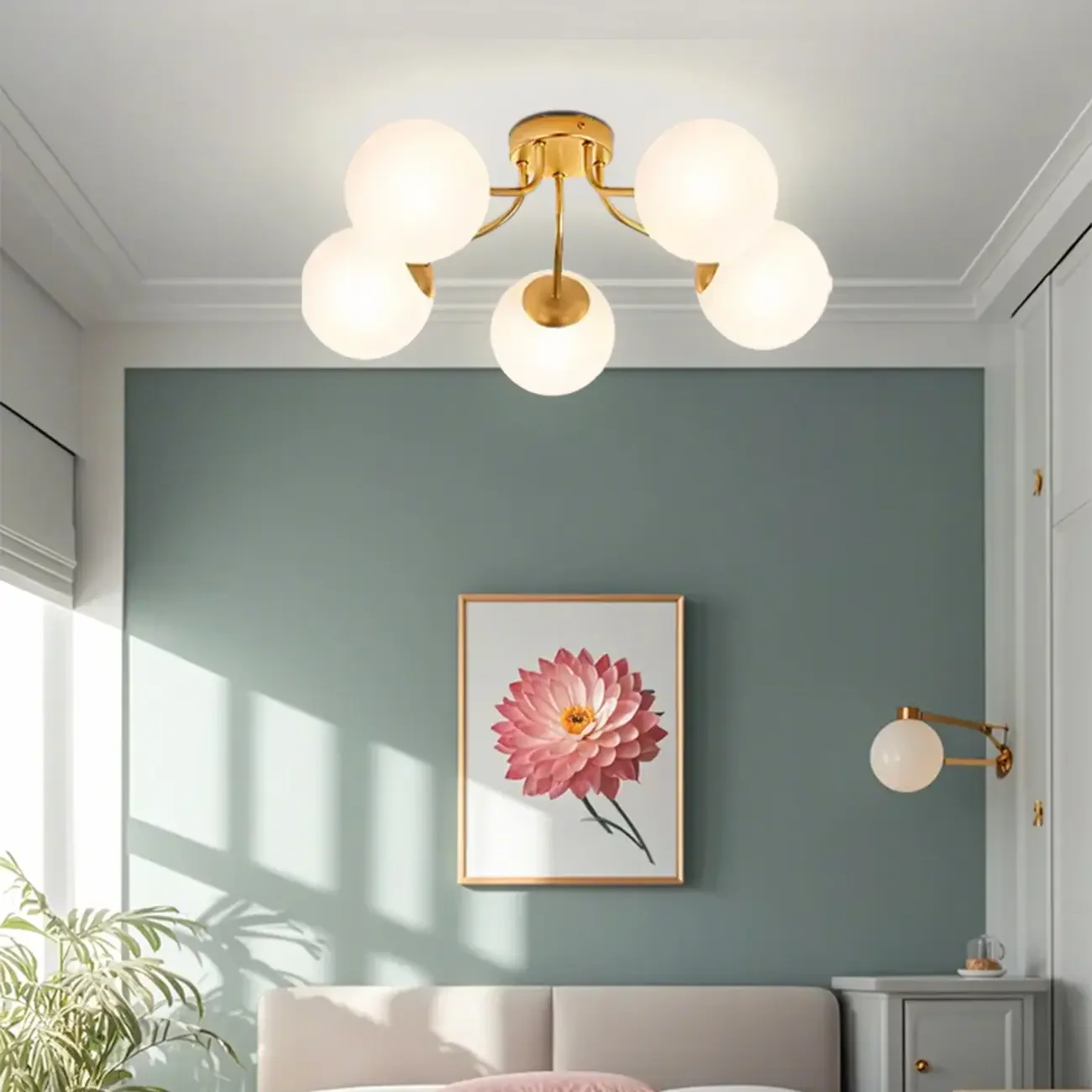 Modern White Globe Glass Golden Semi Flush Ceiling Light
