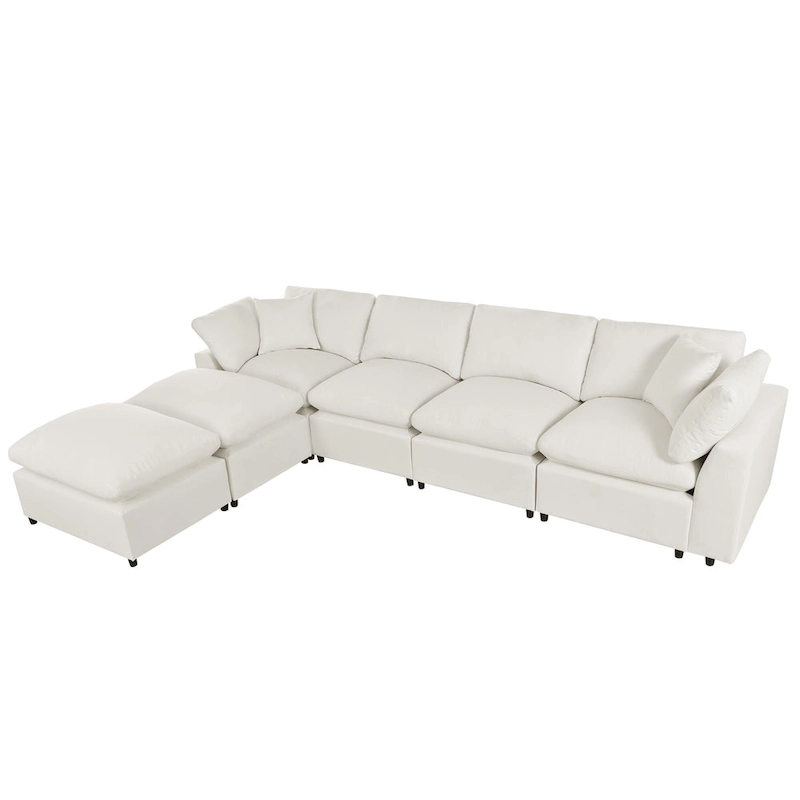 Beige 134.40 Modern U-Shaped 6 Seater Sectional Sofa with 2 Large Chaises, Removable Ottomans and Soft Cushions